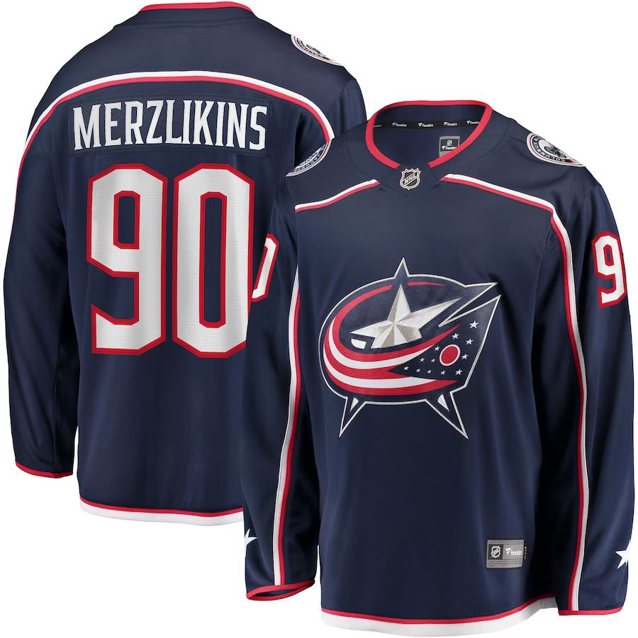 Men Columbus Blue Jackets #90 Elvis Merzlikins Fanatics Branded Navy Home Breakaway Player NHL Jersey